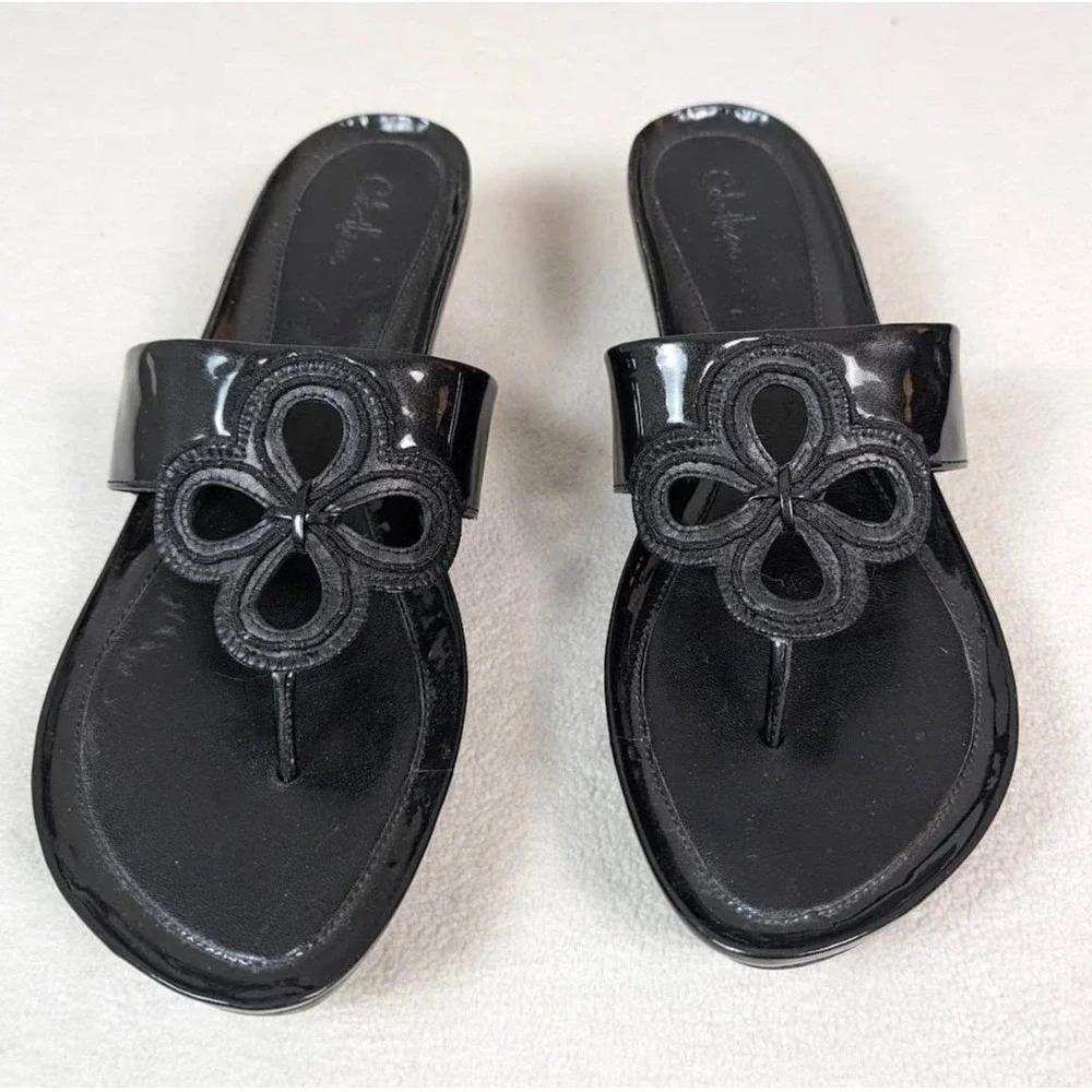 Cole Haan Black‎ Flower Detail Thong Sandals Slides, Elegant Summer Shoes